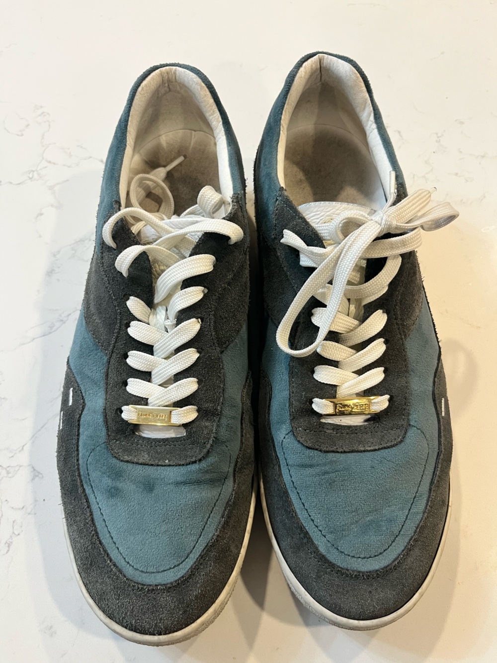 Filling Pieces Men's Teal and Charcoal Suede Sneakers with White Laces